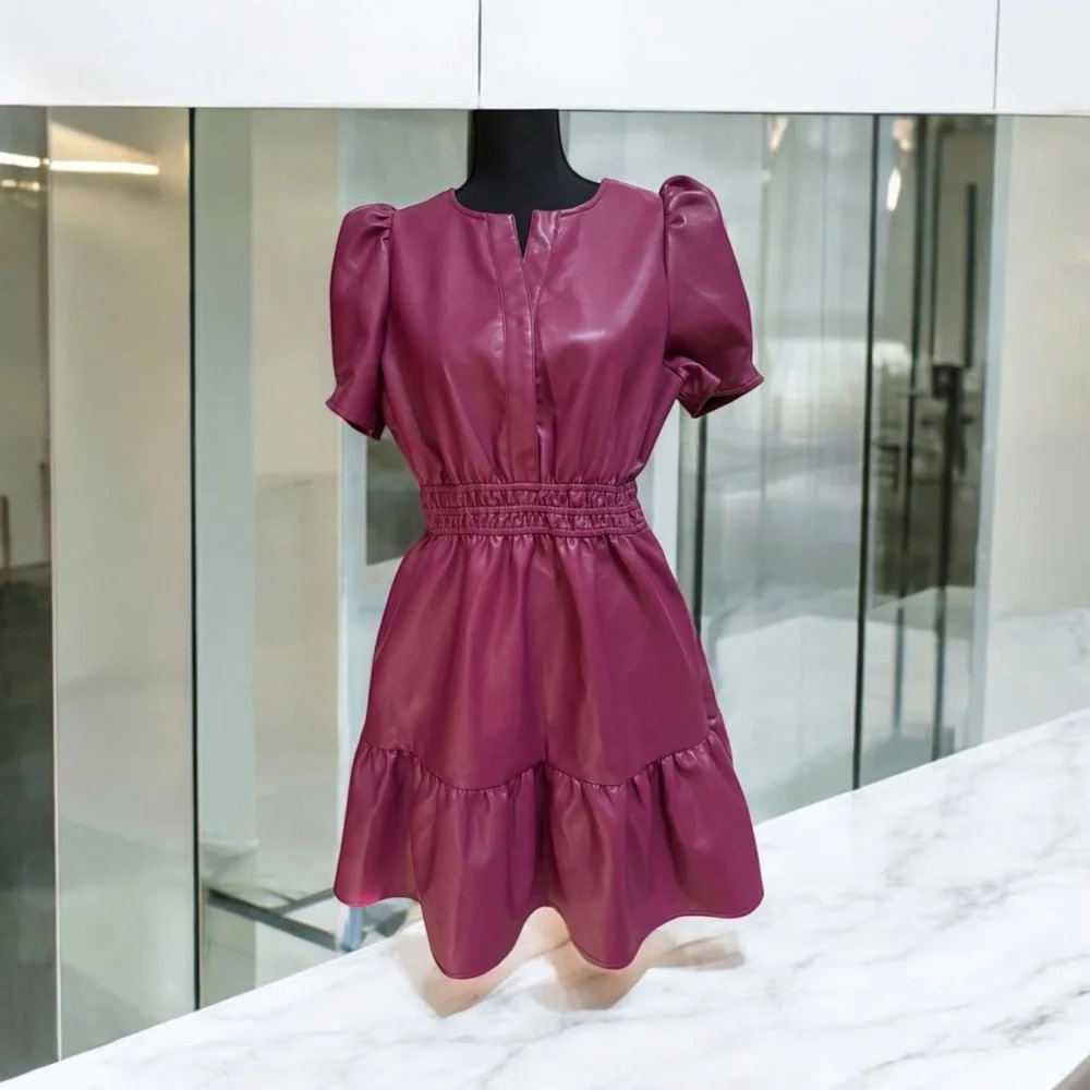 Women's Faux Leather Puff-Sleeve Dress — Bordeaux - Picture 13 of 13
